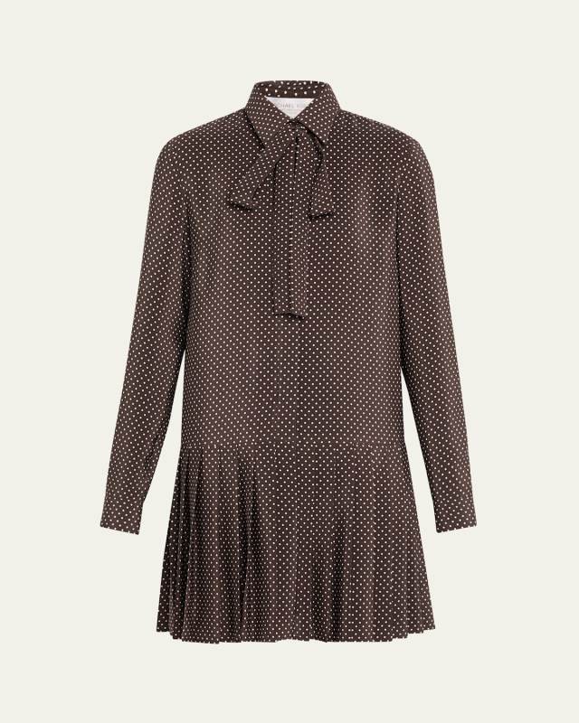 Polka-Dot Silk Pleated Drop-Waist Bow Mini Shirtdress